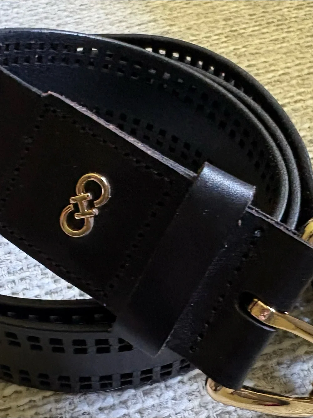 Cole Haan Black Leather Belt with Gold Logo Accent 5 Notches